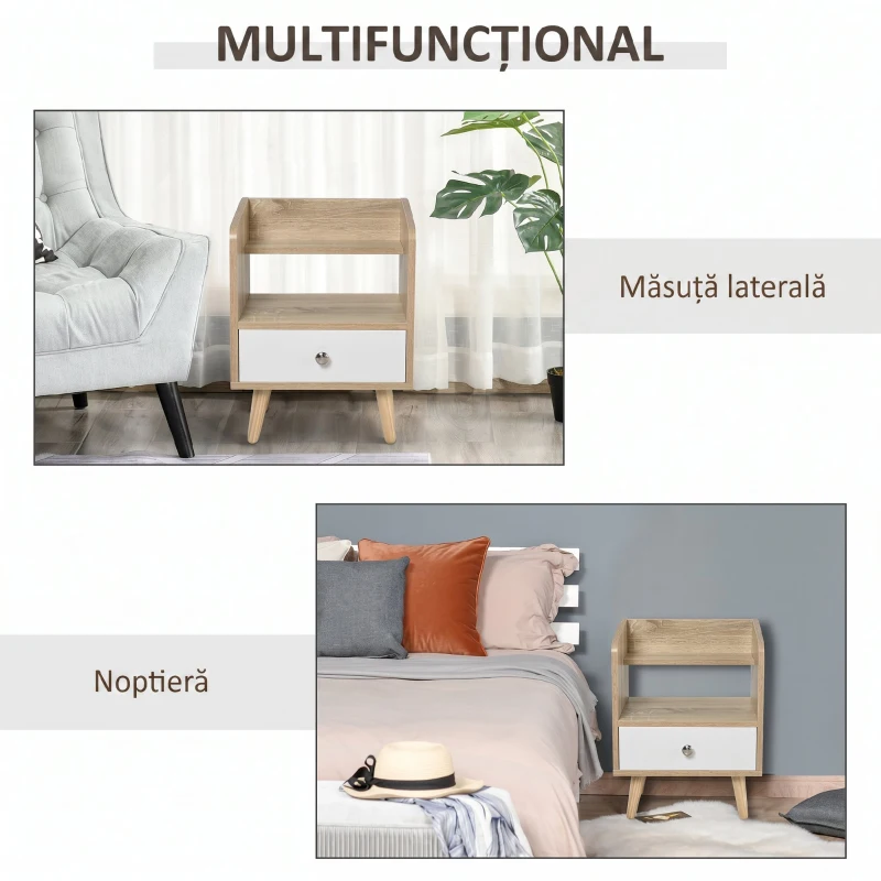 HOMCOM Noptiera Economie Spatiu Mobilier cu Sertar si Raft in Lemn 37x30x48cm - Stejar / alb