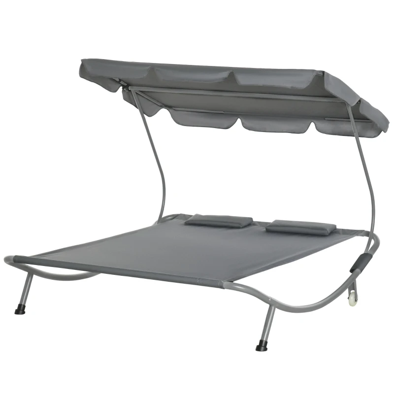 Outsunny Tumbona Doble con Toldo Ajustable Tumbona de Jardín para 2 Personas con Cojines y 2 Ruedas 200x175x134 cm Gris