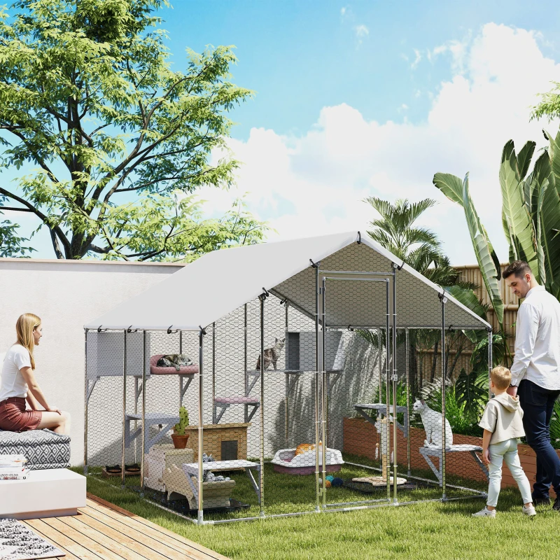 PawHut Jaula Grande para Gatos Exterior con 2 Casitas 7 Plataformas para Saltar Cubierta Impermeable y Anti-UV 240x193x195 cm