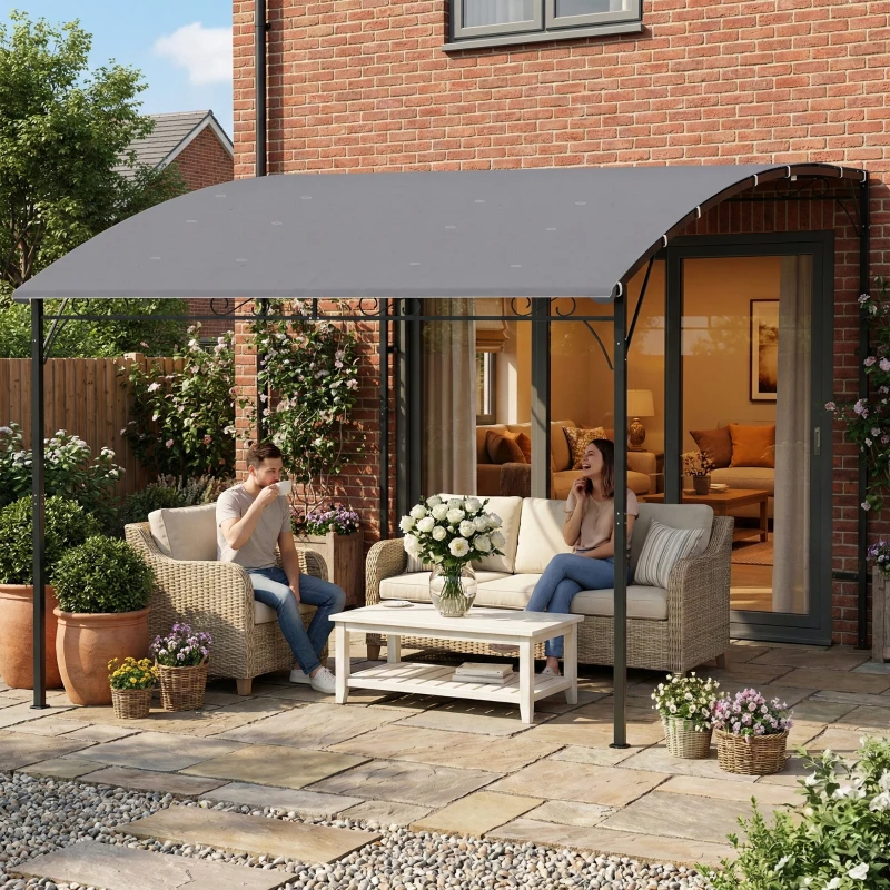 Outsunny Anbaupavillon Pergola mit Metallgestell Dach, wetterfest wandmontiert Pavillon Vordach 2,86 x 3,84 x 2,52 m Grau