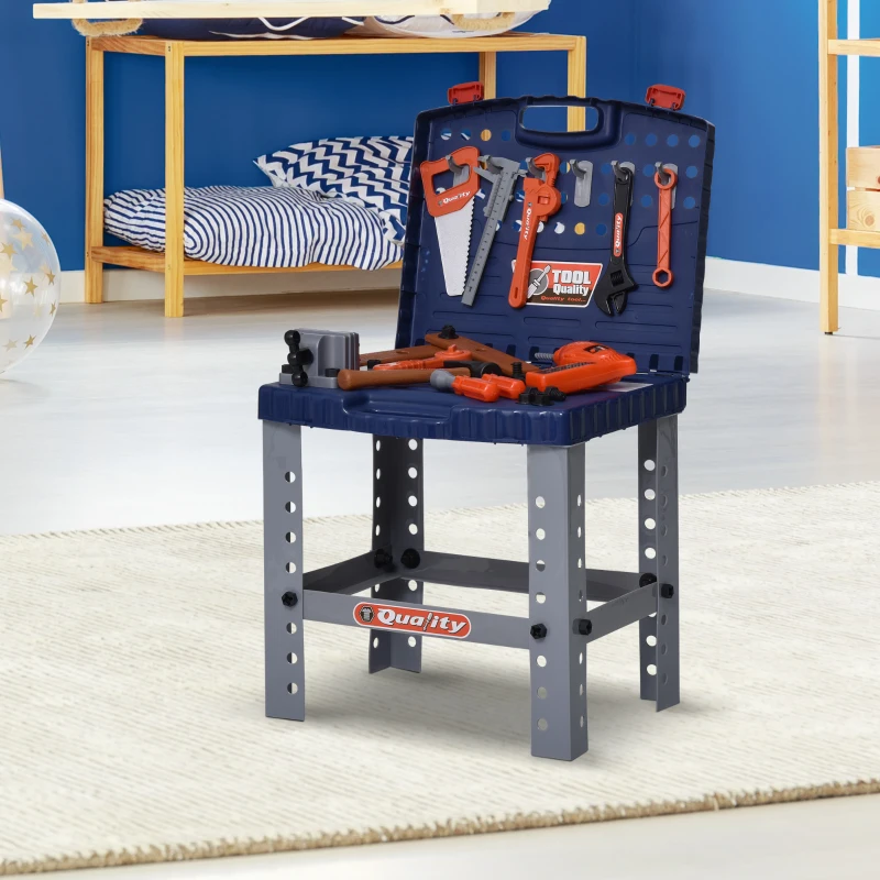 HOMCOM Banco de Herramientas para Niños +3 Años con 68 Piezas Desmontable Portátil Juego de Imitación con Maletín de Herramientas Taladro Martillo 40x43x72 cm Azul y Gris
