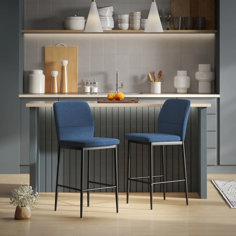 HOMCOM Conjunto de 2 Bancos de Bar Bancos Altos de Cozinha com Encosto e Apoio para os Pés Estofados em Veludo 41x52x97 cm Azul