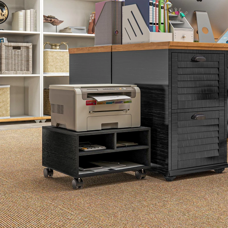HOMCOM Mobile Porta Stampante a 2 Ripiani in Legno con Ruote per Ufficio e Studio, 47x40x22.5cm, Nero