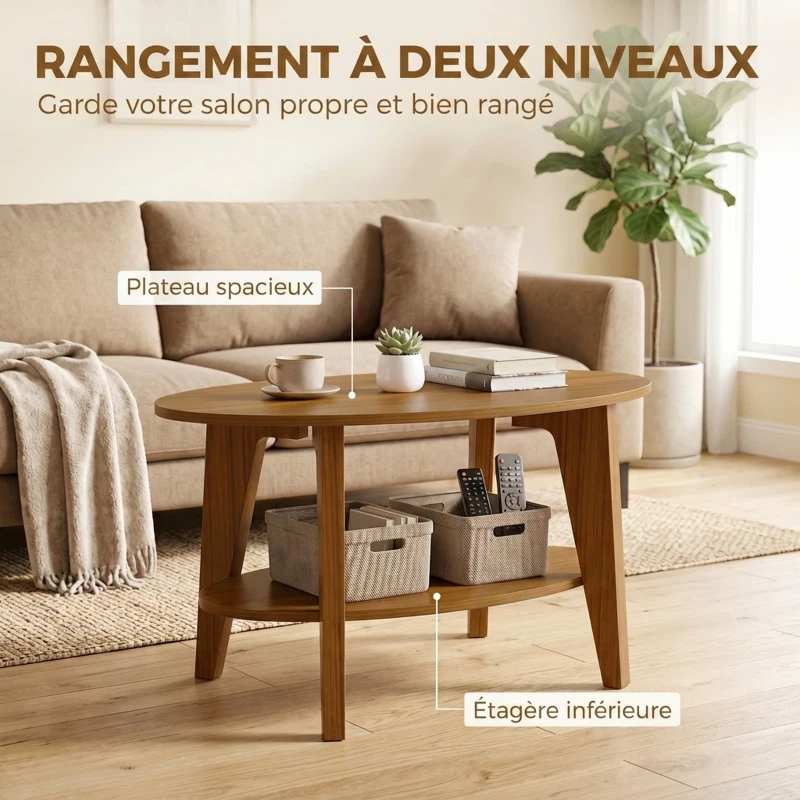 HOMCOM Table Basse Ovale à 2 Niveaux, Table de Salon Moderne avec Étagère Inférieure Ouverte, 80 x 50 x 45 cm, Chêne