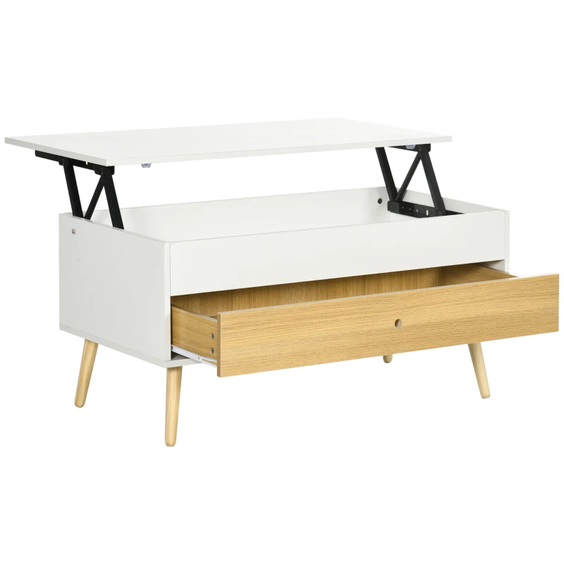 HOMCOM Table basse rectangulaire avec plateau relevable 1 tiroir coffre en bois dim. 100L x 50l x 49H cm bois clair et blanc