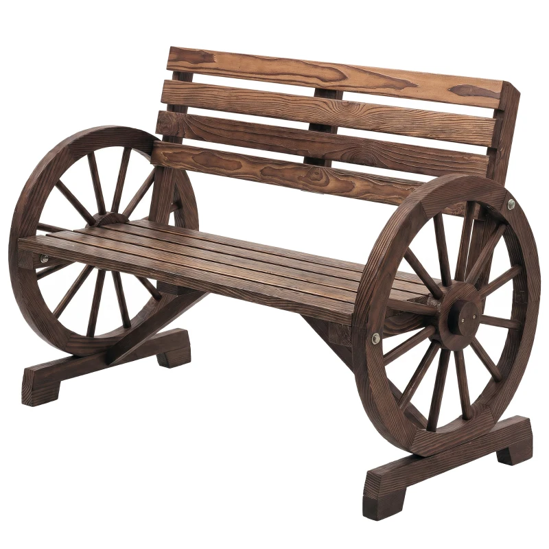 Outsunny Panchina da Giardino 2 Posti a Doghe con Braccioli a Ruota di Carro, in Legno, 105.5x56x79 cm, Marrone Bruciato