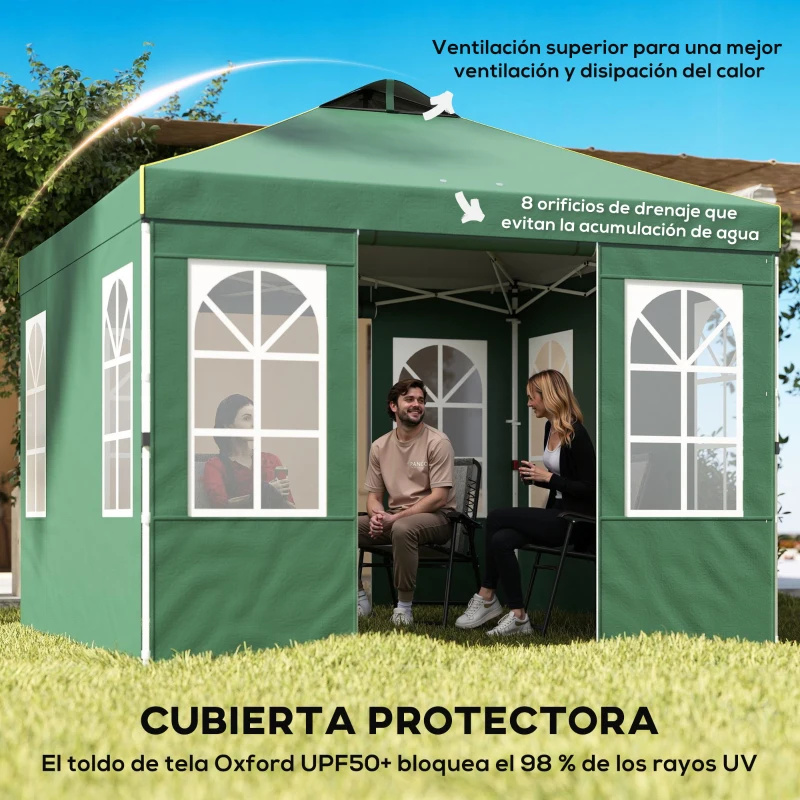 Outsunny Carpa Plegable 3x3 m Pop-up con UPF50+ 4 Laterales Desmontables Altura Ajustable y Bolsa de Transporte Verde