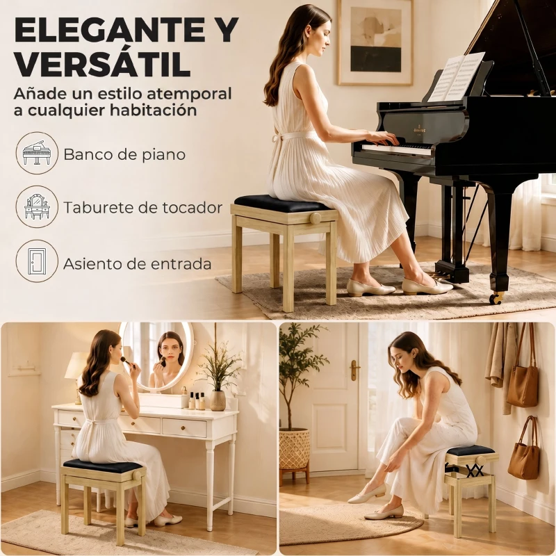 HOMCOM Banco para Piano Ajustable Altura 45-56 cm Banqueta para Piano Acolchada de Terciopelo Patas de Madera Madera Natural