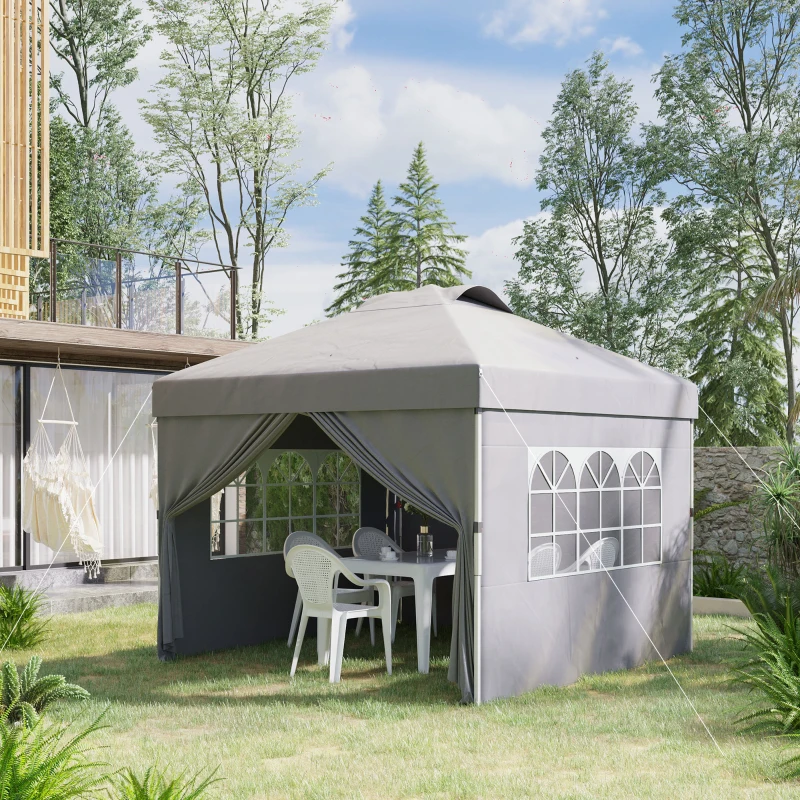 Outsunny Gazebo Pieghevole 3x3 m con Altezza Regolabile su 3 Livelli, Finestre e Borsa di Trasporto, Grigio Chiaro