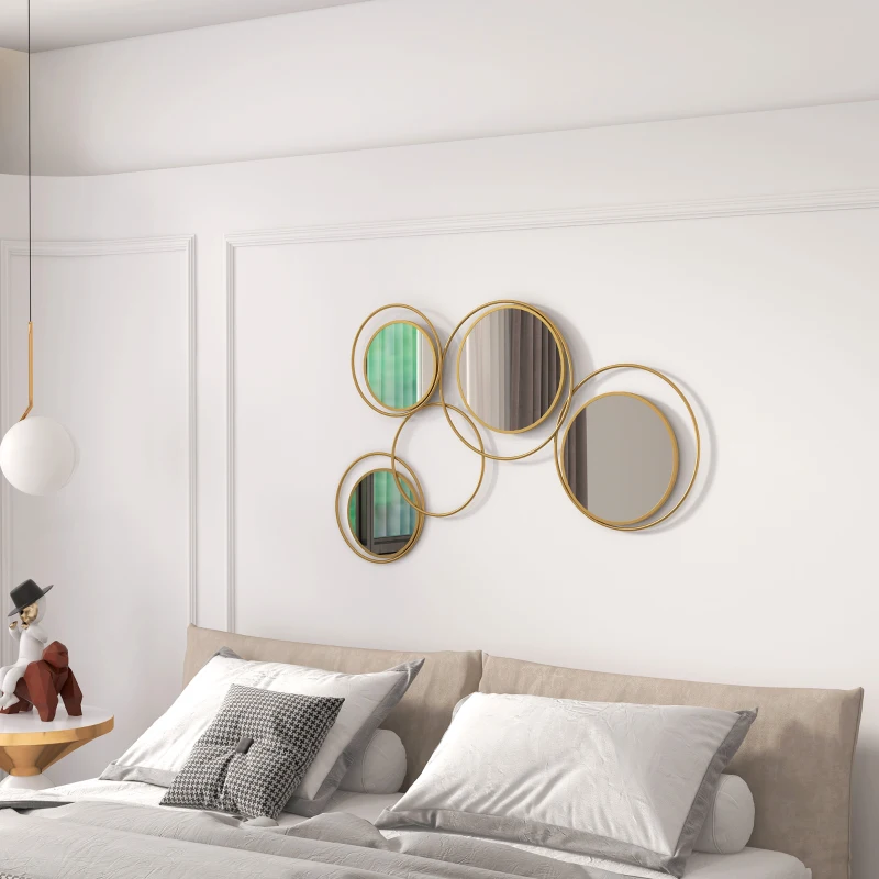 HOMCOM Espejo Decorativo de Pared de Metal 3D Decoración con 4 Espejos Redondos para Salón Dormitorio Pasillo 110x68 cm Dorado