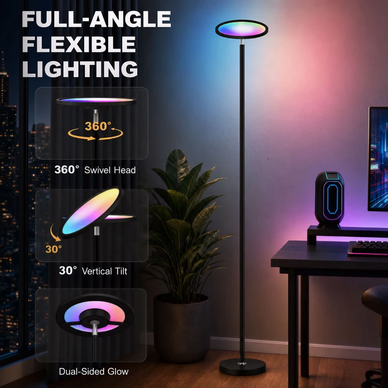 HOMCOM Uplighter Floor Lamp with Tuya App and Music Sync, Standing Lamp with Adjustable Head for Living Room Bedroom, Black