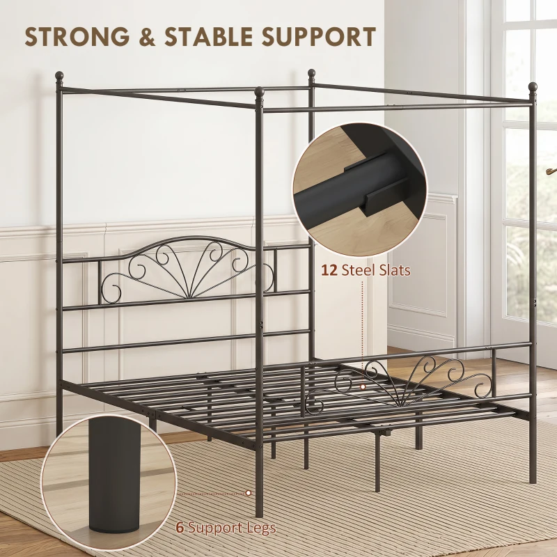 HOMCOM Canopy Bed Frame King Size, Metal Platform Bed Frame with Headboard and Footboard, Underbed Storage, Black