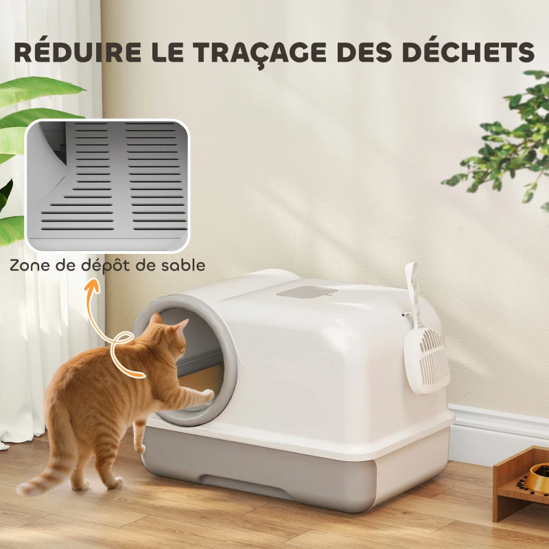 PawHut Bac à litière fermé XL en PP, maison de toilette pour grand chat, avec couvercle et pelle 59 x 39,5 x 39,5 cm gris clair