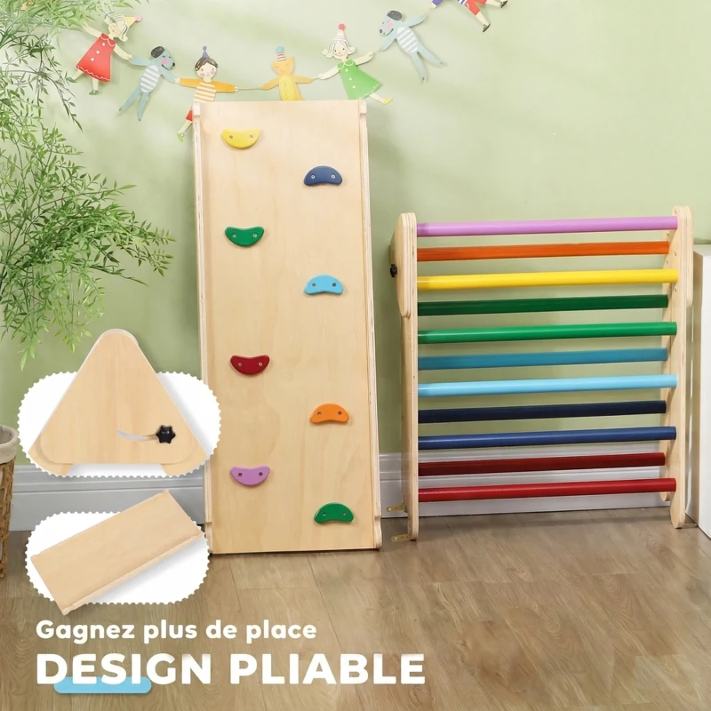 AIYAPLAY Triangle escalade enfants 3 en 1, rampe double-face pour grimper et glisser, charge 50 kg, 147x64,5x63cm, multicolore