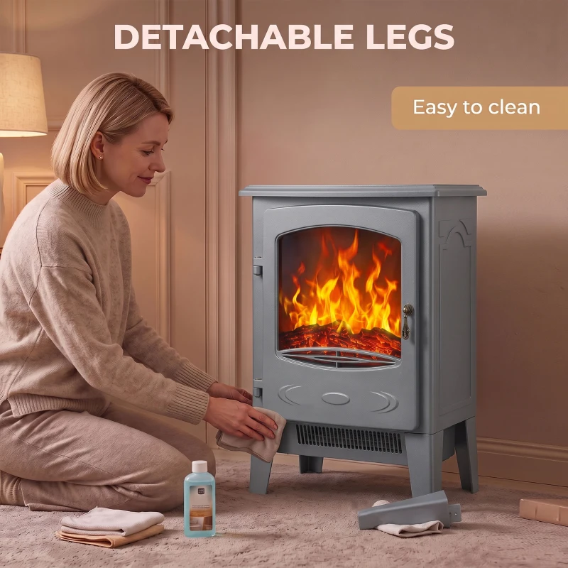 HOMCOM Electric Fireplace, Freestanding Electric Fire with Realistic Flame Effect, Log Burner, 1000W/ 2000W, Grey