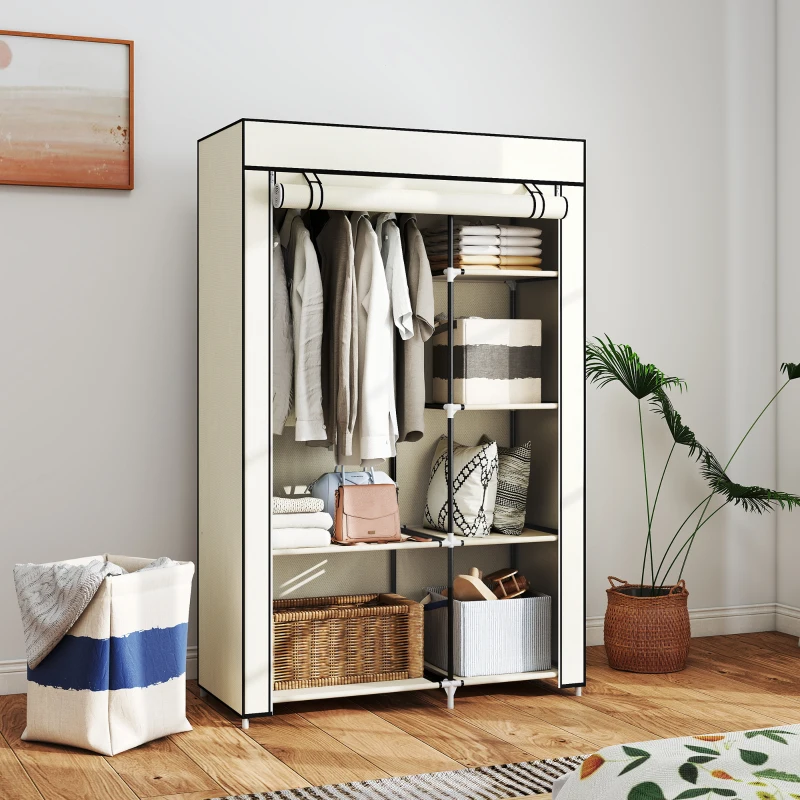 HOMCOM Armoire penderie en tissu meuble de rangement tringle à vêtements et étagères ouvertes 103x43x162,5cm crème