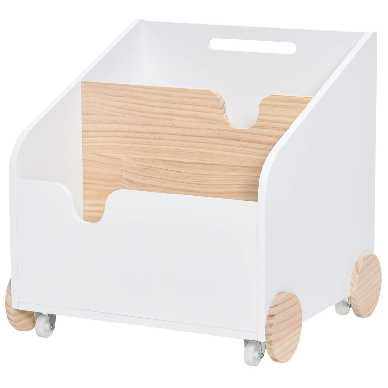 HOMCOM Caja de Almacenamiento de Madera para Juguetes 2 Secciones con Ruedas Asa Librería Infantil con Ruedas para Habitación de Niños 40x43x43 cm Blanco y Natural