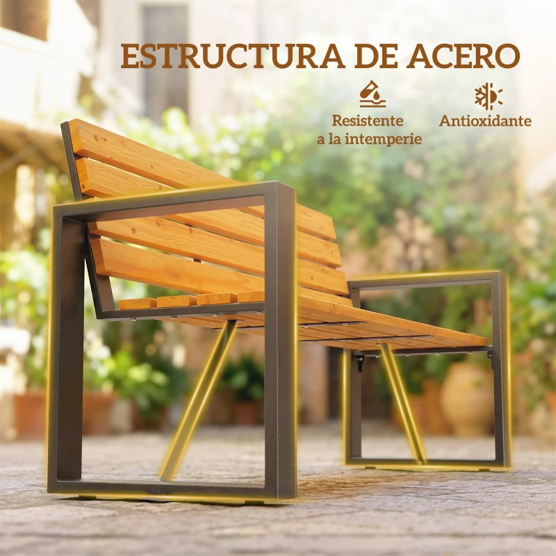Outsunny Banco de Jardín Exterior de 2 Plazas con Respaldo y Asiento Listonado de Madera Marco de Acero 136x54x82 cm Natural