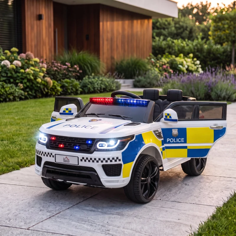 HOMCOM Carro Elétrico Crianças 12V Policial com Bluetooth USB Luz Sirene 110x68x52 cm Brincar Infantil Branco