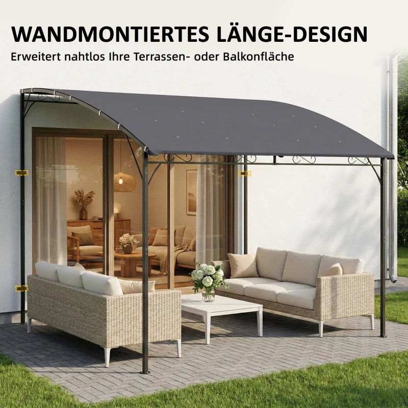 Outsunny Anbaupavillon Pergola mit Metallgestell Dach, wetterfest wandmontiert Pavillon Vordach 2,86 x 3,84 x 2,52 m Grau