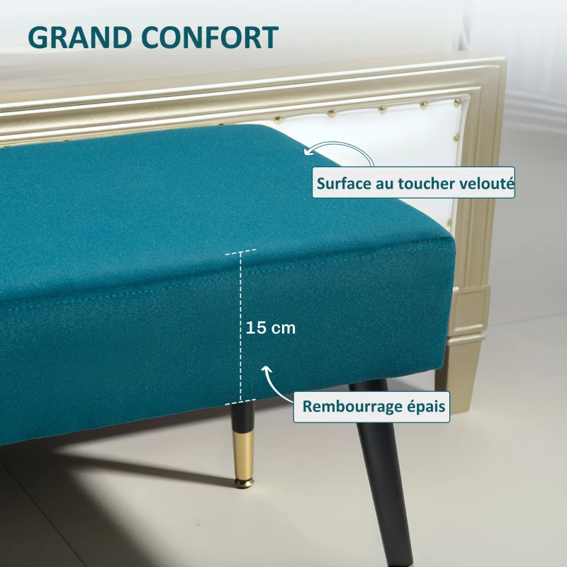 HOMCOM Banc bout de lit banquette rembourrée en velours pieds en métal, pour chambre salle à manger salon couloir, vert