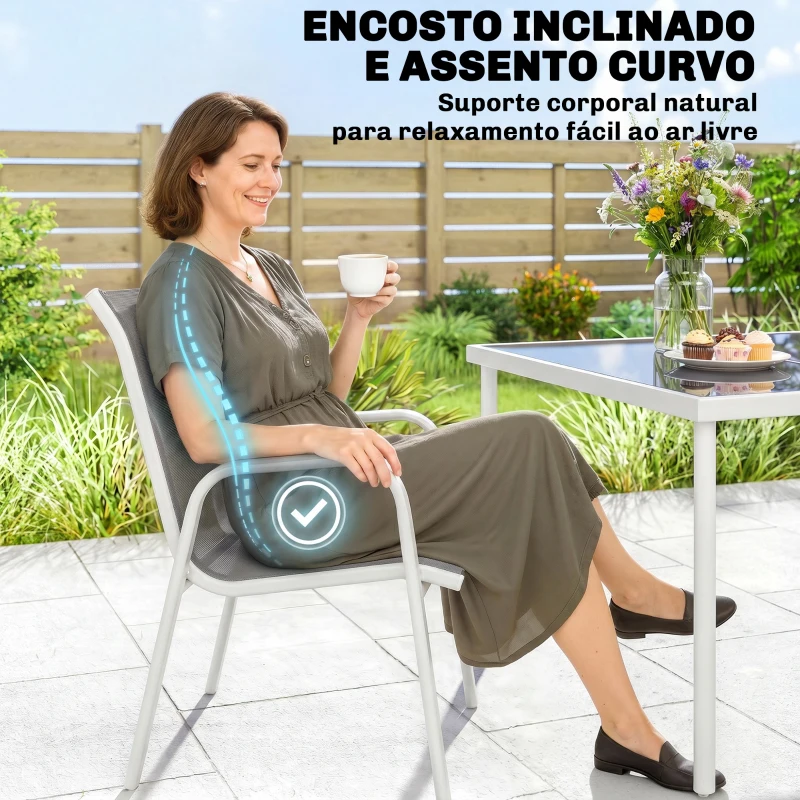 Outsunny Conjunto de Refeição de Jardim 7 Peças com Mesa de Vidro Temperado e 6 Cadeiras Empilháveis Cinzento