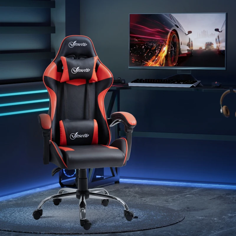 Vinsetto Silla Gaming Silla Racing Giratoria con Altura Ajustable Reclinable de 135° y Cojín Lumbar 63x67x122-130 cm Rojo