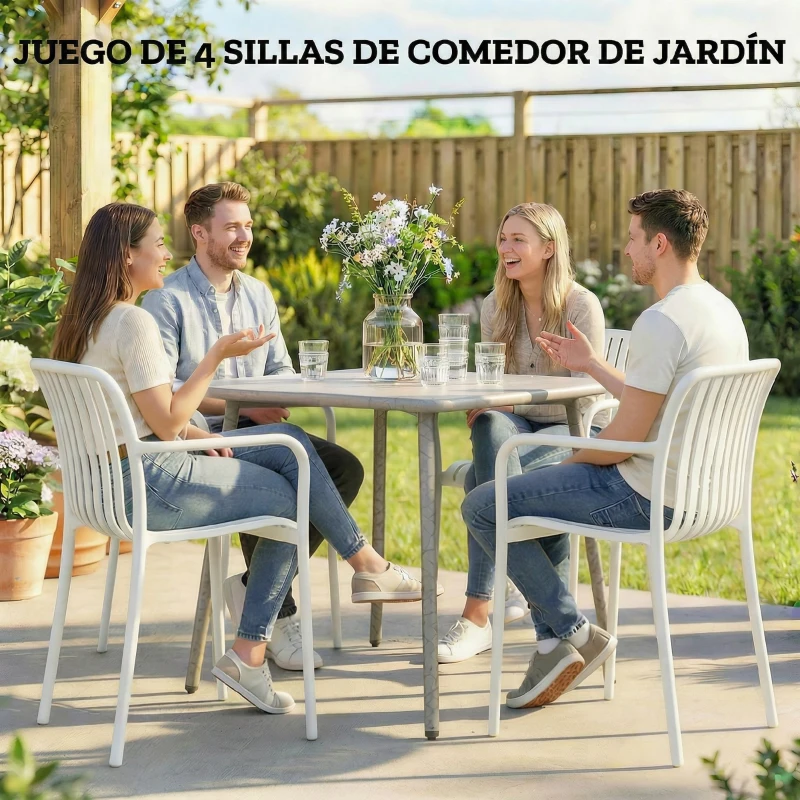 Outsunny Juego de 4 Sillas de Jardín Exterior Apilables de PP con Respaldo Curvado Asiento de Listones 55x58,5x81,5 cm Blanco