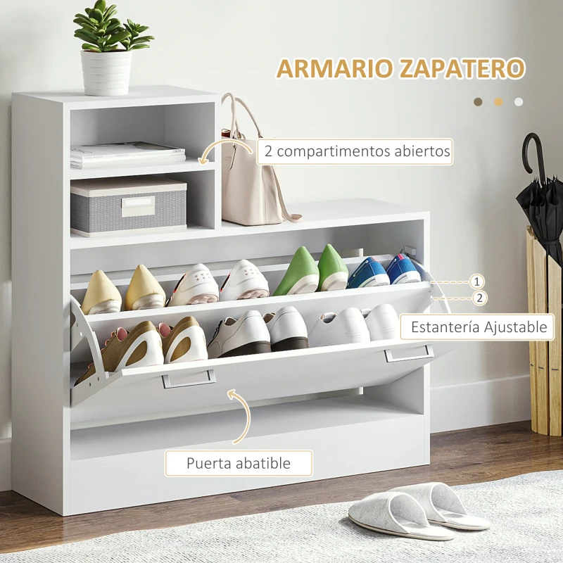 HOMCOM Recibidor con Espejo Perchero y Zapatero Muebles de Entrada con 6 Ganchos y Estantes para 8 Pares de Zapatos Blanco