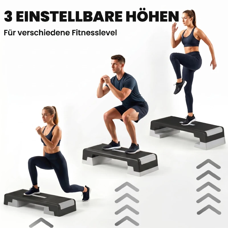 SPORTNOW Steppbrett höhenverstellbar Fitness Aerobic Stepper mit 3 Stufen (15/20/25 cm), Anti-Rutsch-Matte Schwarz+Grau