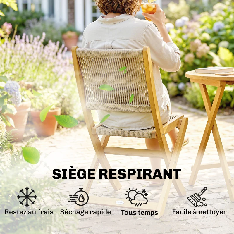 Outsunny Salon de Jardin Ensemble Bistro 3 Pièces Table Ronde et 2 Chaises Pliables Design Boho Bois d'Acacia Cordage PP Naturel