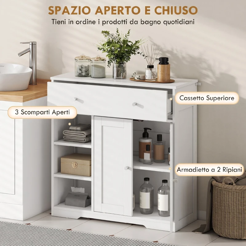 HOMCOM Mobiletto da Bagno da Terra con Cassetto e Anta, Bianco
