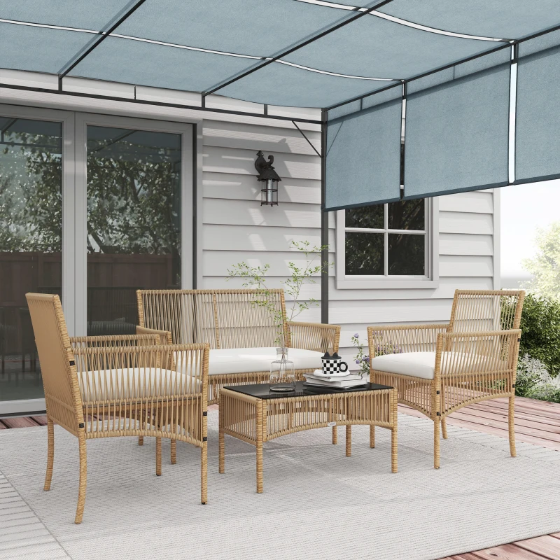 Outsunny Set da Giardino in Rattan da 4 Pezzi con 2 Poltroncine, Divano e Tavolino da Caffè, Naturale e Nero