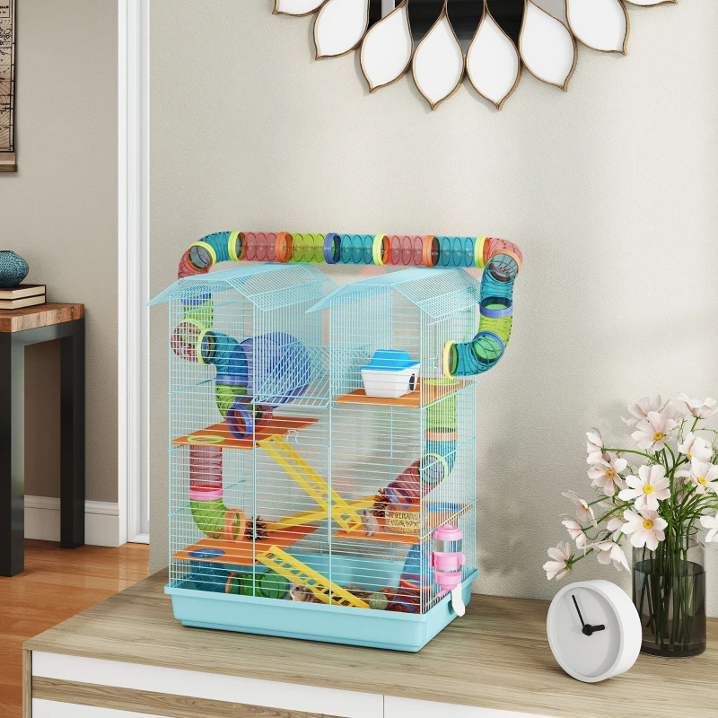 PawHut Gabbia per Criceti a 5 Piani con Tubi Colorati, Ruota, Casetta e Accessori, 47x30x59 cm, Azzurro
