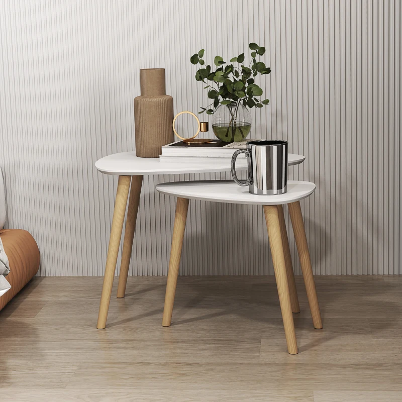 HOMCOM Nesting Coffee Table, Set of 2 Side Tables, Stacking End Tables with Solid Wood Legs, for Living Room Bedroom, Light Grey