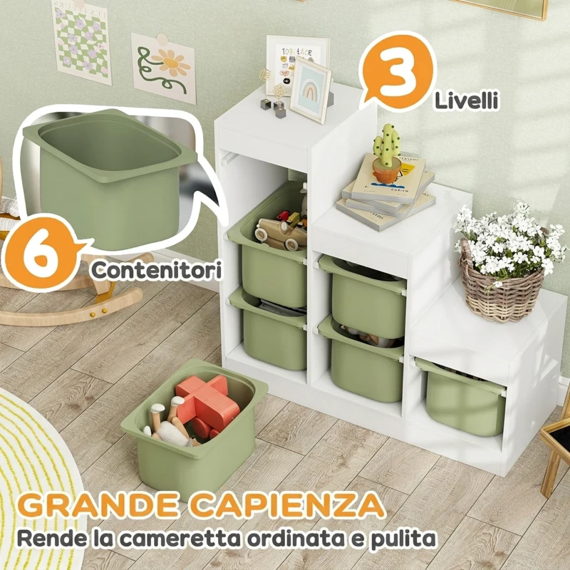 AIYAPLAY Scaffale Portagiochi a 3 Livelli con 6 Contenitori per Bambini da 3-8 Anni, 96x38.5x90cm, Verde
