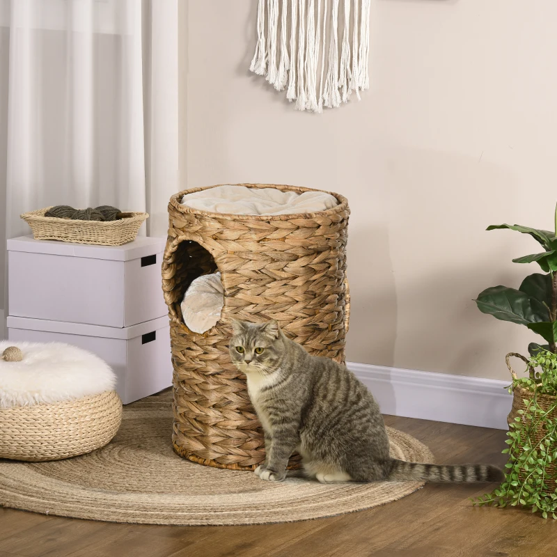 PawHut Kratztonne, 47 cm, 2 Höhlen, Kissen, Kratzbaum mit Katzenbett, Katzenturm aus Wasserhyazinthe, Hellbraun