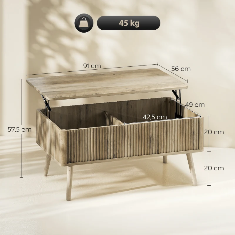 HOMCOM Mesa de Centro Elevable con Compartimentos Ocultos de Almacenaje y Patas de Pino para Salón Comedor 91x56x43 cm Roble