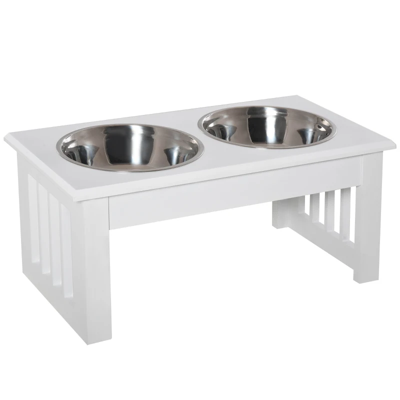 PawHut Gamelles chiens surélevées gamelle double chien chat Porte-gamelles surélevé dim. 44L x 24l x 15H cm 2 gamelles 0,9L acier inox. incluses bois blanc