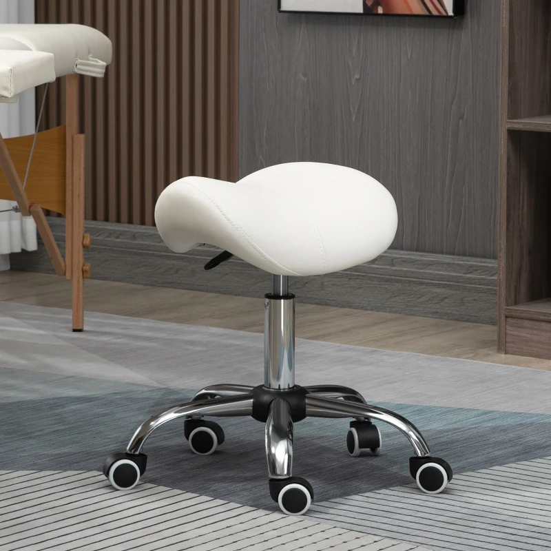 HOMCOM Height Adjustable Saddle Stool with Swivel Wheels, Faux Leather Salon Chair for Hairdressing, Beauty, Tattoo, White