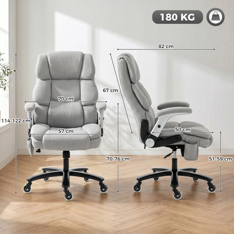 HOMCOM Bürostuhl mit Airbag-Lendenstütze, Schreibtischstuhl mit hochklappbaren Armlehnen, Taschenfedern, Hellgrau