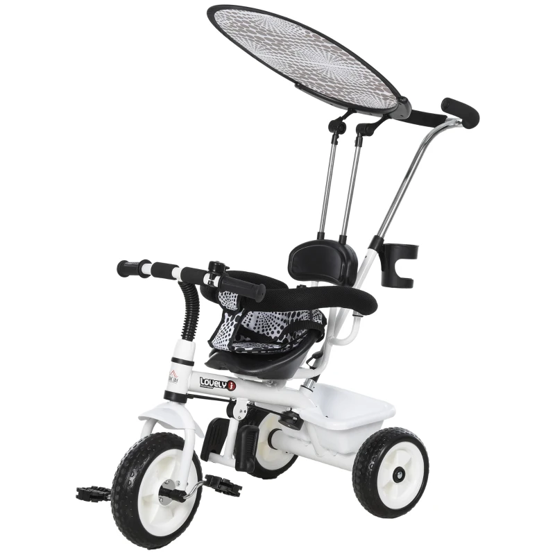 HOMCOM Triciclo para Bebés 6 en 1 Triciclo Evolutivo para Niños de +18 Meses con Toldo Plegable Mango de Empuje Telescópico y Desmontable Asiento Ajustable Cesto y Portabotellas Blanco