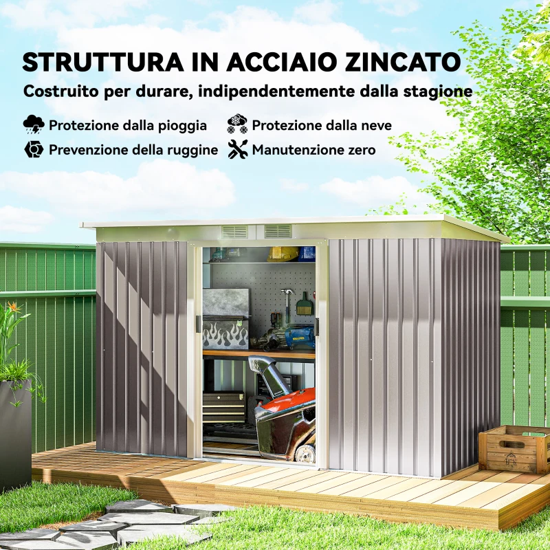 Outsunny Ripostiglio da Giardino in Acciaio con 2 Prese d'Aria e 2 Porte Scorrevoli, 280x130x172 cm, Grigio Chiaro