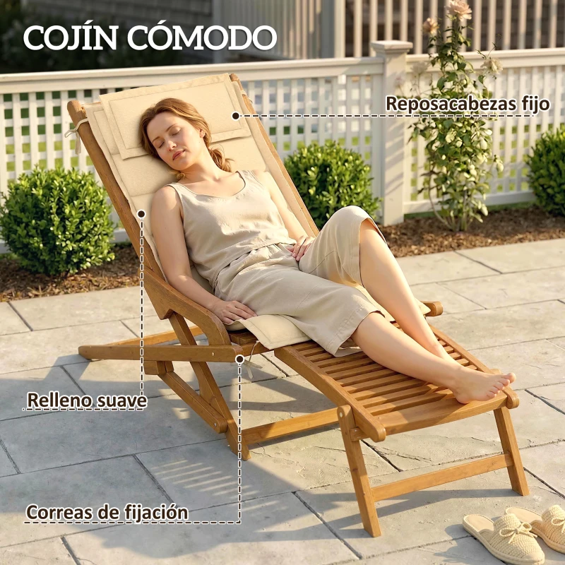 Outsunny Tumbona Silla Plegable de Madera con Reposapiés Desmontable y Cojín con Reposacabezas Carga 160 kg 158x61x70 cm Beige