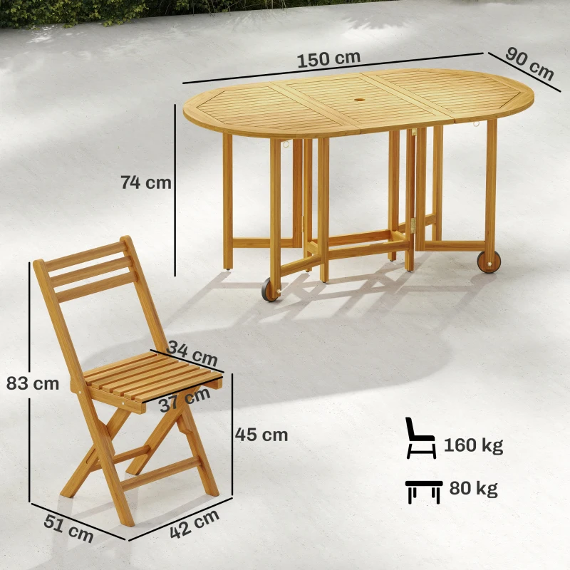 Outsunny Set Pranzo 7 Pezzi, Tavolo Estensibile Legno e 6 Sedie Pieghevoli per Giardino