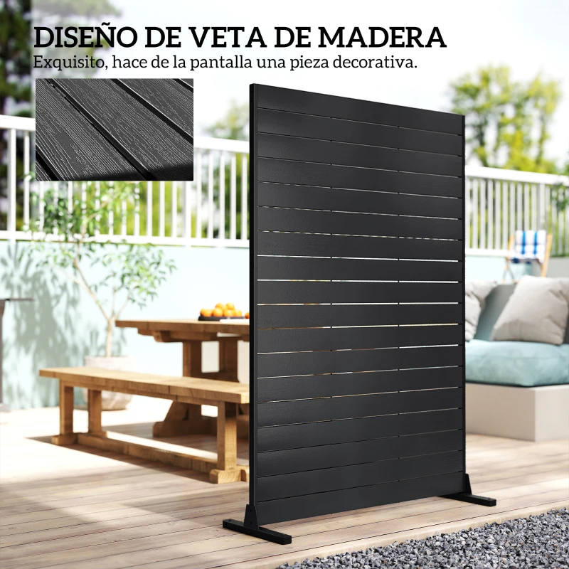Outsunny Biombo de 6 Paneles de HDPE 120x174 cm Biombo Separador de Ambientes con Soporte Aspecto de Vetas de Madera Negro