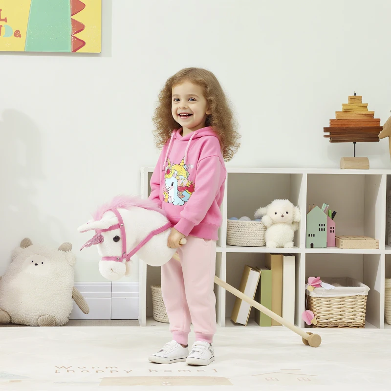 AIYAPLAY Cavallo con Bastone Unicorno per Bambini 24+ Mesi con Suoni Realistici e Ruote, 95x25x27 cm, Bianco