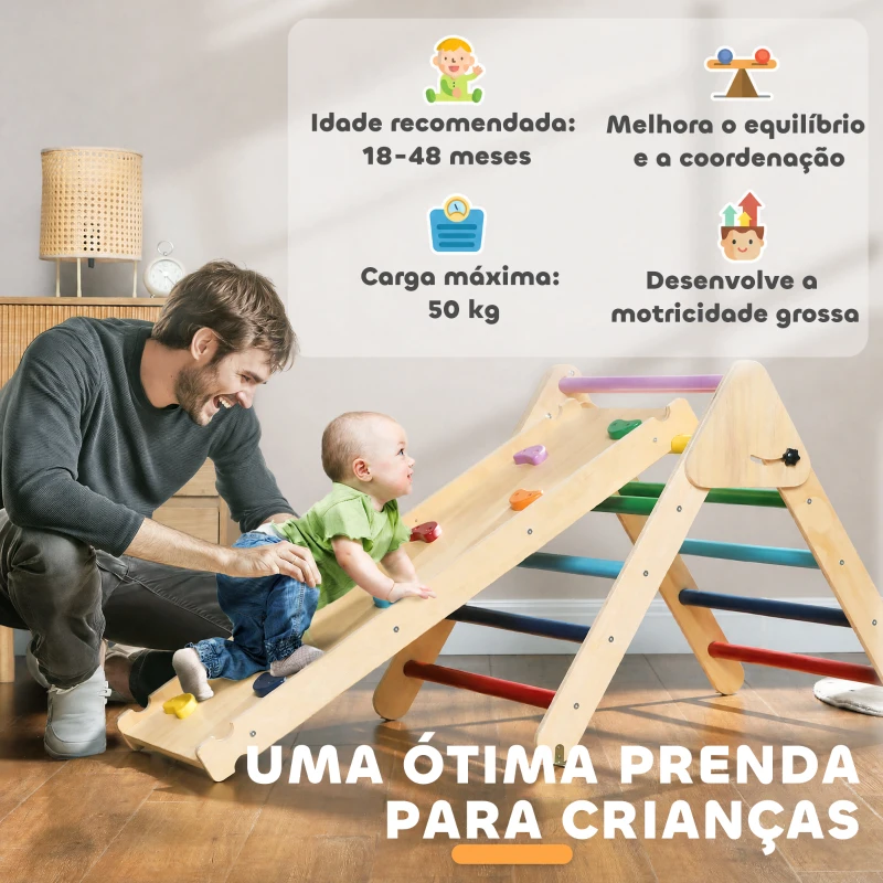 AIYAPLAY Triângulo de Escalada de Madeira 2 em 1 Escalada para Crianças de 18-48 Meses com Rampa para Deslizar ou Escalar 147x64,5x63 cm Multicor