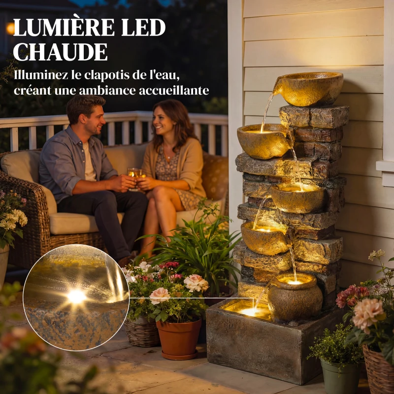 Outsunny Fontaine Extérieure avec 5 Niveaux de Pichets Rustiques et Design Roche, Cascade avec Lumières LED, Marron Rustique