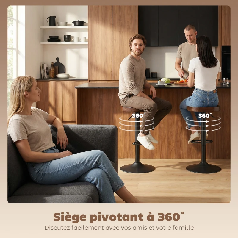 HOMCOM Tabourets de Bar Lot de 2 Réglables Pivotants Chaises de Cuisine avec Siège en Bois d'Orme Marron Foncé